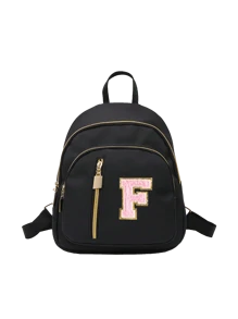 女士尼龙材质时尚背包，粉色毛巾刺绣字母A-Z，多功能时尚设计包，拉链封口，大容量学生多口袋背包，女孩背包，小女孩背包，中小学生背包，适合上学、旅行、送礼、生日礼物、旅行用品 - 黑色 - 查看 14