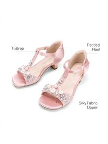 Girls Sandals Ankle Strap T-Strap Low Heel Pearl Bow Flower Pump Dress Wedding Party Shoes For Little Kid/Big Kid - 粉色 - 查看 8