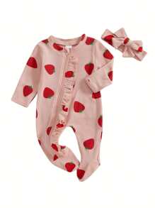 Conjunto de mono con volantes y estampado de fresas para niñas pequeñas, de manga larga y bonita diadema - Rosa - Ver 1