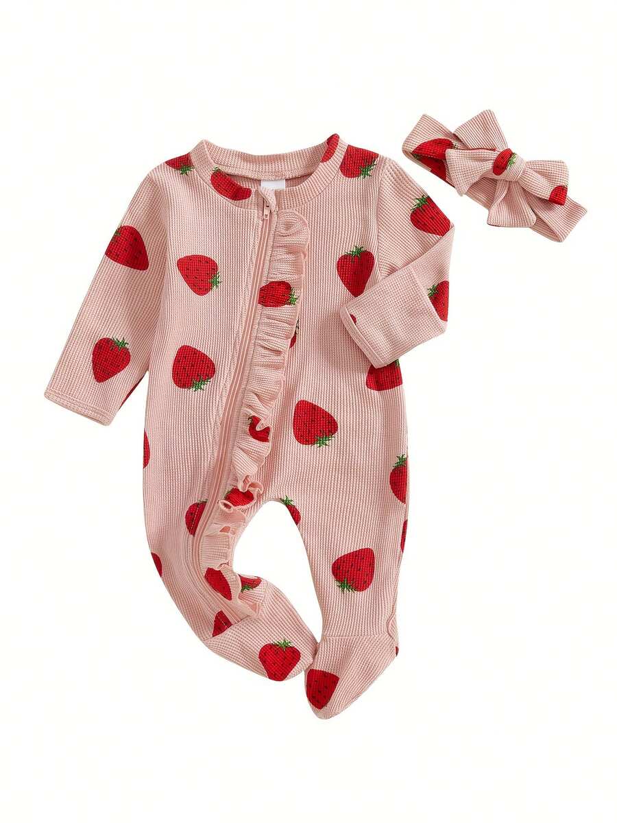 Conjunto de mono con volantes y estampado de fresas para niñas pequeñas, de manga larga y bonita diadema - Rosa - Ver 1