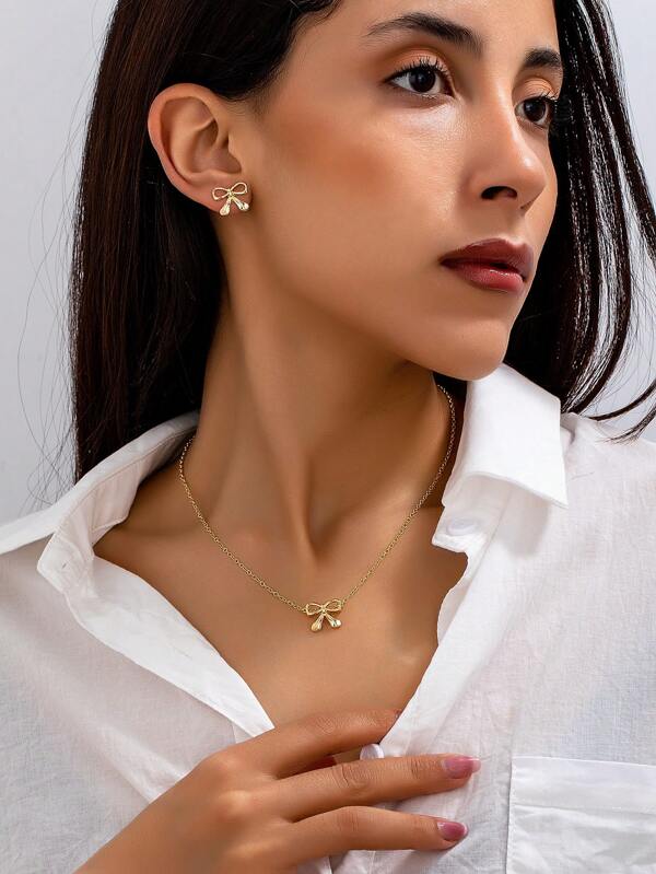 Set de 3 piezas de joyas con arco minimalista, aretes y collar para mujer, para uso diario