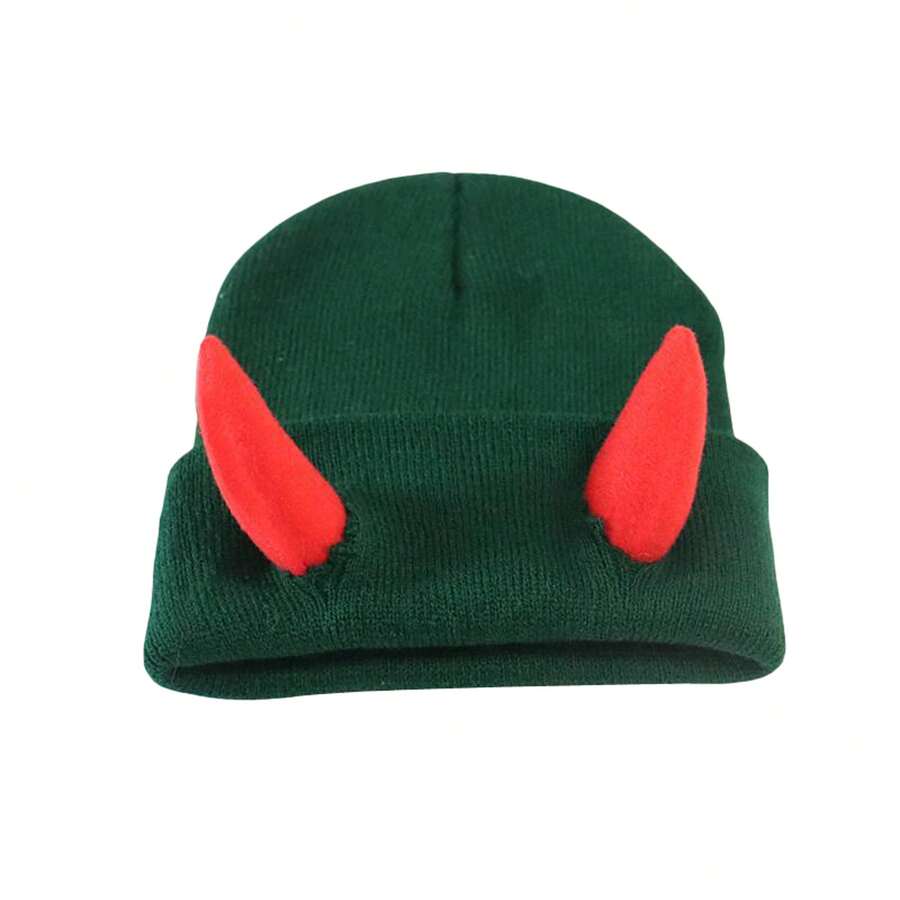 Halloween Slouchy Beanie Hat For Adult Kids Devil Horn Hat Cap Winter Warm Knitted Beanie Cuffed - 綠色帽紅角 - 查看 1