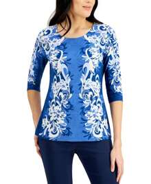 JM Collection Printed 3/4 Sleeve Top - Peony - View 2