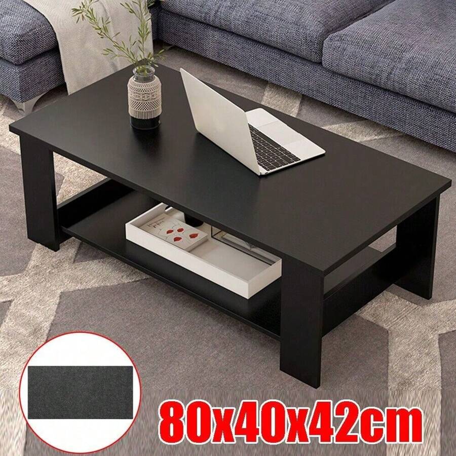 Modern Coffee Table Living Room Tea Side End Desk With Lower Storage Shelf Black - Black - View 1