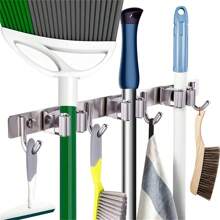 1pc Wall Mount Mop And Broom Holder, Stainless Steel Self Adhesive Shelf, Cleaning Tool Organizer, Broom Hanger For Home Bathroom - Silver - View 8