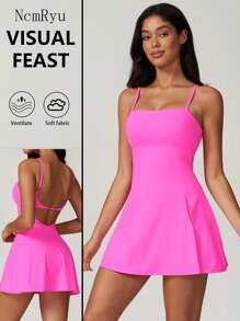 NcmRyu 女士修身无缝弹力无袖网球/高尔夫/匹克球透气运动连衣裙 - 粉色 - 查看 4