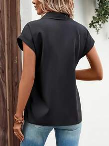 Plus Women's Zipper Button Lapel Casual Shirt - Black - View 3