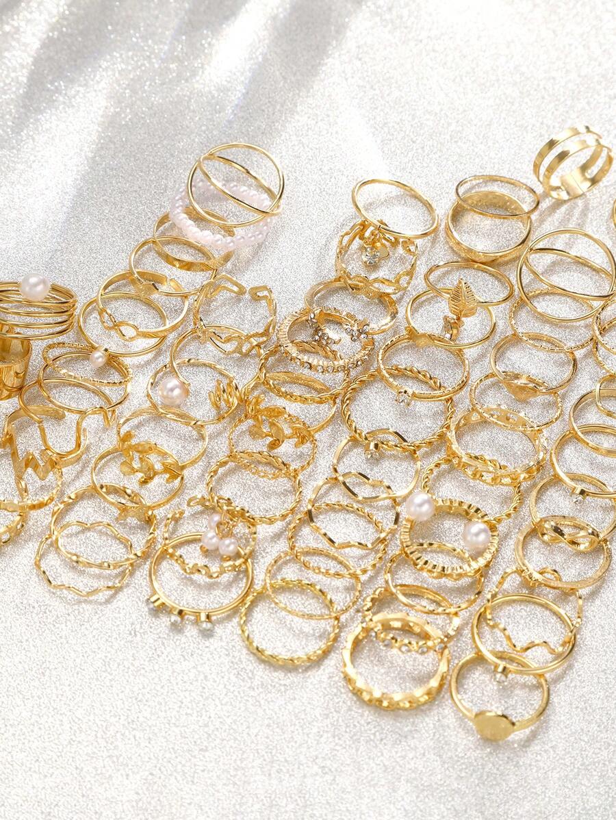 64pcs Fashionable, Elegant, Minimalist Precise Love, Butterfly, Leaf, Geometric, Faux Pearl, Rhinestone, Wavy, 8-Shaped, Infinity, Round Metal Rings Set, Multi-Layer Wide Band, Holiday, Party, Daily Wear, Gift - Yellow Gold - View 1