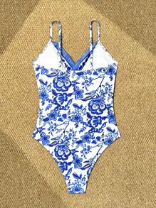 性感花卉印花交叉褶皱连体泳衣，夏日海滩度假