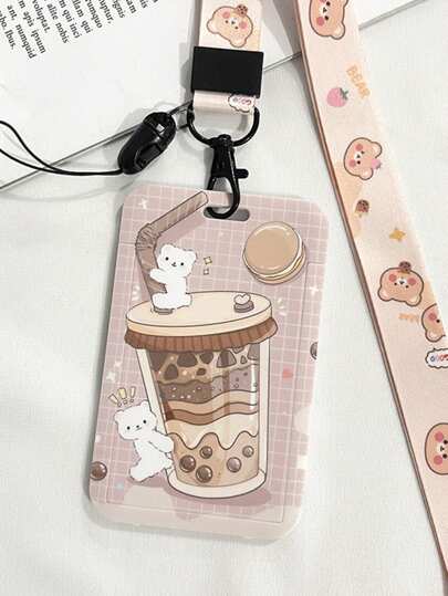 1 Pc Cartoon Cute Bear And Rabbit Pattern Card Holder Bank Credit Card Bus Card Photo And Other Multifunctional Various Card Protection Cover With Lanyard For Women Card Wallet