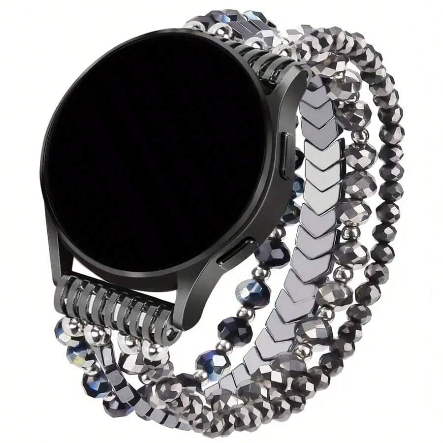 串珠手链兼容三星 Galaxy Watch7/6/5/4 40/44 毫米表带/Active 2、Watch 4 Classic 42 毫米 46 毫米、Watch 5 Pro 45 毫米女款表带、20 毫米手工时尚弹性水晶串珠手链 - 深灰色 - 查看 1