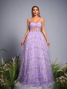 Mgiacy New Arrival Tank Sweet Bridesmaid Dress Embroidery Ruched Perspective Mesh Long Dress - Purple - View 5