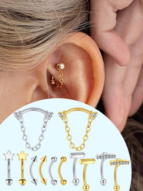 2Pcs 316L Stainless Steel 16G Tragus Helix Rook Piercing Jewelry With Chain, Cartilage Earrings For Women, Belly Button Ring Vertical Labret Lip Piercing Jewelry