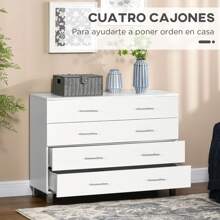HOMCOM HOMCOM Cómoda con 4 Cajones Cómoda de Dormitorio de Madera con Patas Cómoda de Noche Moderno para Salón Oficina Entrada 112x38,2x81 cm Blanco