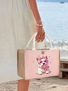 Bolso de lino con bloque de color + Bolsa pequeña con correa de mano, bolsa de almacenamiento, cartera, estampado lindo de perro, la primera opción de regalo para amantes de los perros, bolsa de compras de lino simple, bolsa reutilizable para compras de comestibles y bolsa de maquillaje, cartera, bolsa de regalo para vacaciones