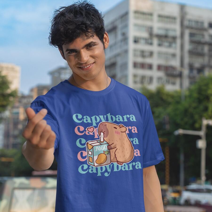 Playera Para Hombre 1 Pza Estampado Capibara Juguito | Prenda Recta y de Tela Delgada 100% algodón - Azul - Ver 1