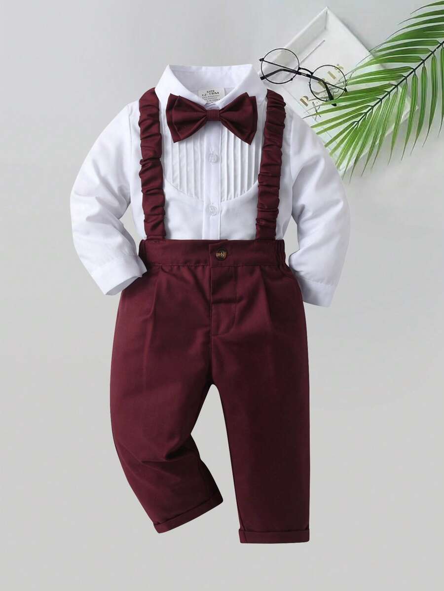 BOARNSEORL 2pcs Baby Boys Gentleman Outfit, Long Sleeve Shirt With Bow Tie And Suspender Pants, Fashionable, Suitable For Wedding, Party, Birthday, Anniversary - Burgundy - View 1