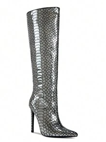 RevReaL Women's Snakeskin Over-The-Knee Heeled Boots - Gun - View 1