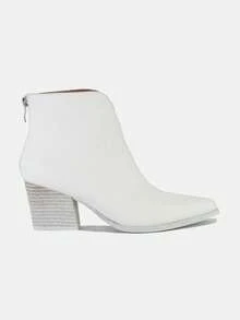 Women's Casual Point Toe Booties Trendy PU Leather Ankle Boots White Chunky Heel High-Quality Footwear Ideal For All Season Any Occasion Formal Wear