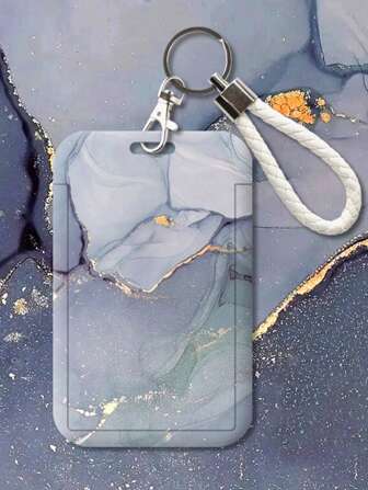 1 Pc Exquisite Marble Texture ID Card Holder With Metal Key Ring Plastic Sliding Card Holder Meal Card Bus Card Work Card Access Control Multi-Function Protective Cover For Women Wallet Keychain Card Wallet