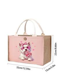 Bolso de lino con bloque de color + Bolsa pequeña con correa de mano, bolsa de almacenamiento, cartera, estampado lindo de perro, la primera opción de regalo para amantes de los perros, bolsa de compras de lino simple, bolsa reutilizable para compras de comestibles y bolsa de maquillaje, cartera, bolsa de regalo para vacaciones