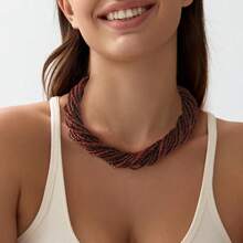 1pc Boho Multilayer Pearl Necklace, Elegant Minimalist Sexy Choker Necklace, Sweet Elegant Collarbone Chain, Brown, Rose Red, Black, White, Gifts For Ladies
