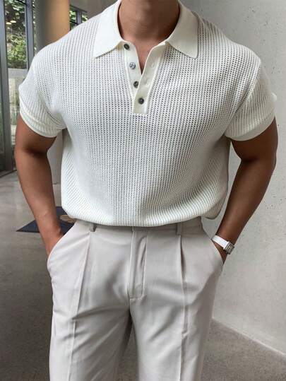 Polo da uomo con design traforato a maglia, stile minimalista adatto per l'estate, stile old money