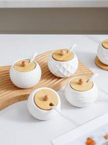 1 Set Ceramic Kitchen Storage Jars With Bamboo Wood Tray & Ceramic Spoon, Scandinavian Minimalist Japanese Style Creative Textured Dinnerware, Kitchen Storage Canisters, Diamond, Wavy, Bird Nest Pattern, Hotel Restaurant Home Kitchen Essentials, Round Bamboo Wood Lid Spice, Pepper, Salt, Sugar Seasoning Storage Jars