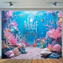 1pc Acetate Underwater World Background - Multipurpose Seabed Castle And Coral Reef Photography Prop Banner For Mermaid Theme, Birthday Party And Event Decor Backdrop, Spring/Summer, No Power Required, Tablecloth, Curtain