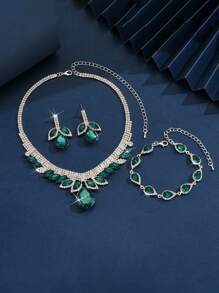 4pcs Set Crystal Water Drop Shaped Rhinestone Necklace, Bracelet & Earing Jewelry Set, European Style
