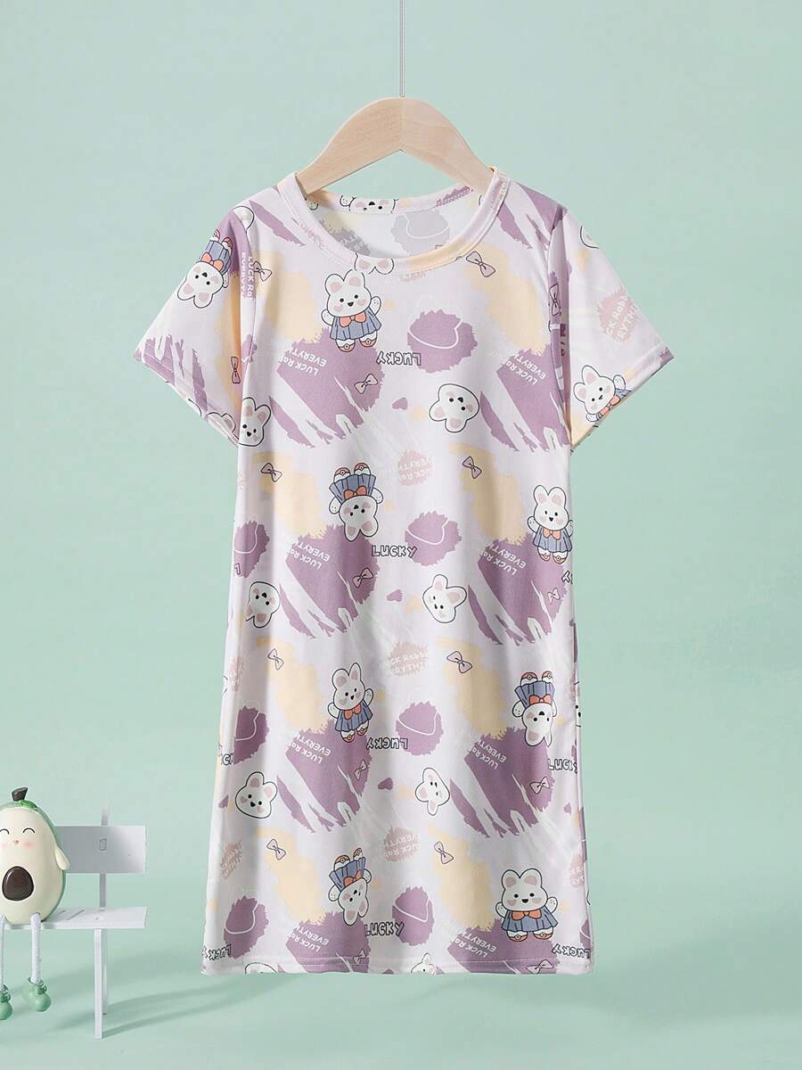 女童春秋睡裙睡衣连衣裙，薄款中长款，适合 4-12 岁 - 彩色 - 查看 1