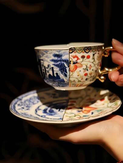 1 Set di tazza da caffè e piattino in ceramica con smalto colorato e motivi in porcellana blu e bianca, design creativo e di alta qualità per casa, ristoranti, salotto, raduni in caffetteria