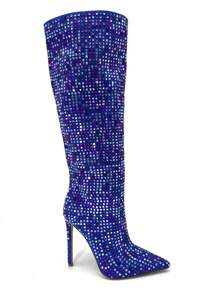 RevReaL Glamorous Rhinestone-Studded Heeled Knee-High Boots - Blue - View 2