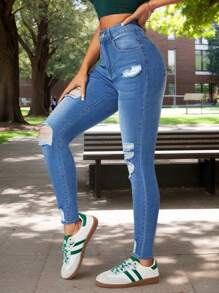 Vaqueros pitillo elásticos desgastados con estampado de bigotes de mujer de color azul, Jeans ajustados rotos para mujer, Pantalones de mezclilla lavados desgastados, estilo urbano, Pantalón vaquero desgastado desgarrado ajustado elástico azul claro lavado para mujer - Azul - Ver 5