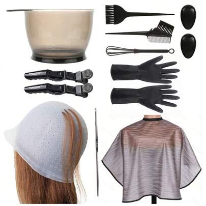 AliLeader Reusable Silicone Hair Dye Cap, Multi-Color Hair Dye Cap With Metal Hook And Hair Dye Kit - Dye Bowl, Hair Mixer, Dye Brush, Ear Cover, Hair Clips, Dye Cape, Suitable For Hair Dyeing Tools