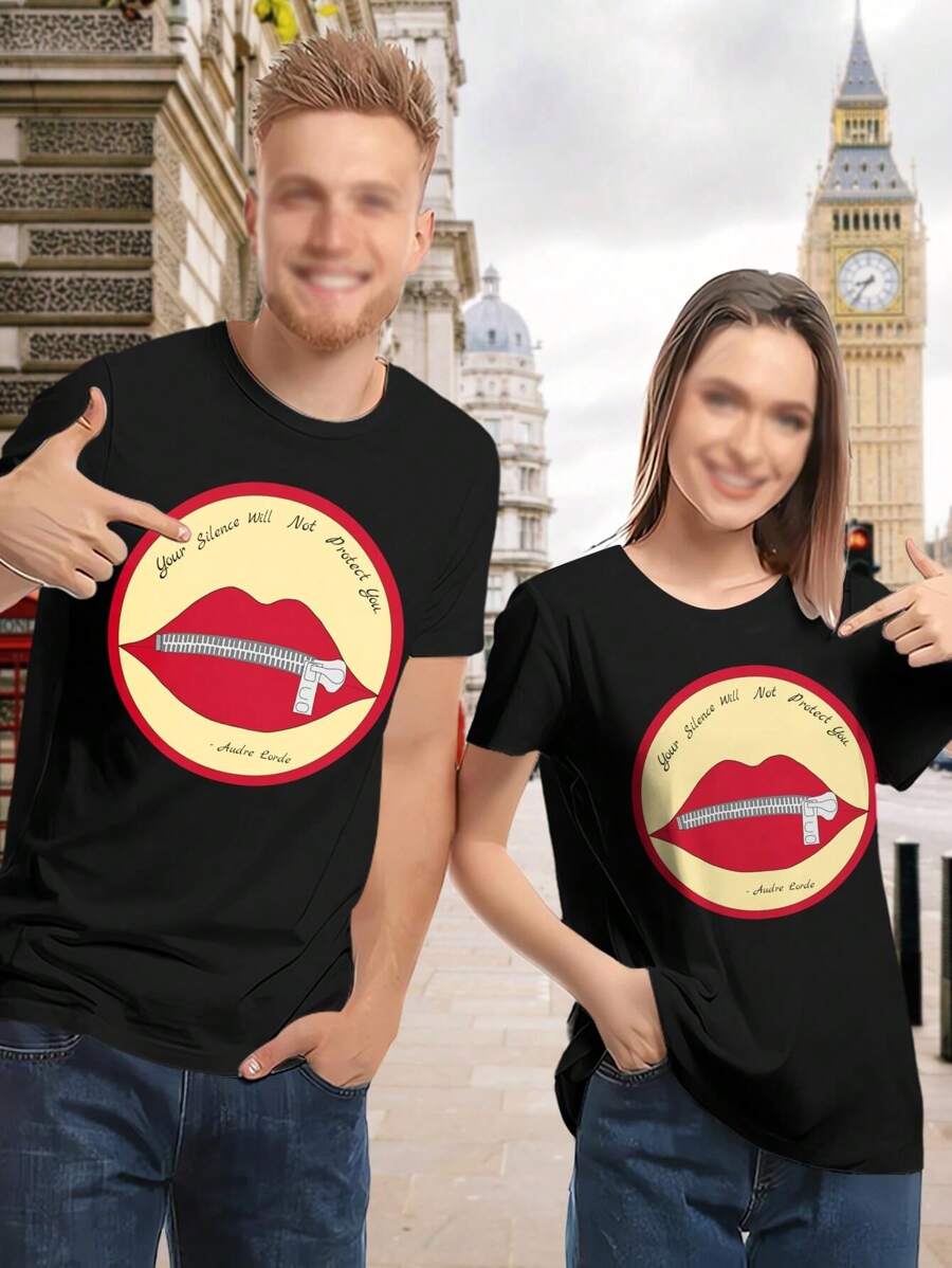 Valentine's Day T-Shirts Your Silence Will Not Protect You - Audre Lorde Quote T-Shirt (Activist Lips Lipstick) - Black - View 1