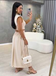 Long Dress With Button In Front Summer Dress Party Wedding Guest Long Dress - Beige - View 3