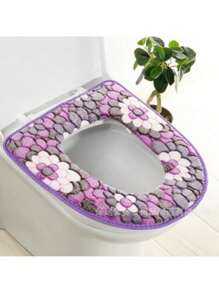 Waterproof Universal Coral Fleece Toilet Mat With Petals Pattern, Toilet Seat Cover With Adhesive Strap, Home Toilet Cushion Bathroom Decor Summer