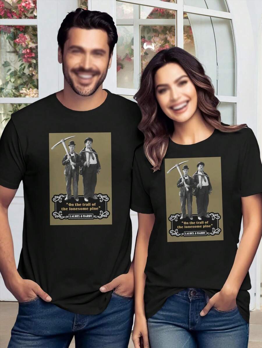Valentine's Day Laurel Hardy Comedy T-Shirt 'On The Trail Of The Lonesome Pine' - Ollie Stan Quotes For Women - 黑色 - 查看 1