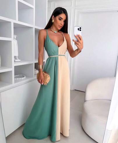 Vestido Lorena Bicolor Verão Verde e Nude