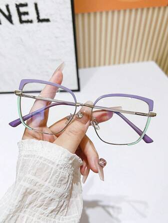 1pc New Metal Spring Feet Decorative Indoor Computer Use Cat Eye Glasses With Silver Frame And Purple & Blue Lenses, Fashionable For Ladies