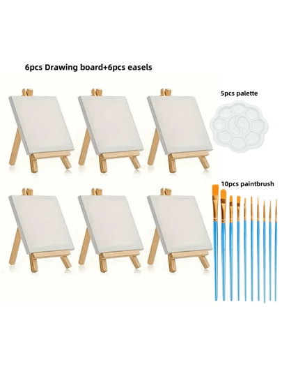 27pcs/Set (6pcs Canvas + 6pcs Easel + 10pcs Paint Brushes + 5pcs Palette) Painting Supplies Kit, Blank White Mini Canvas, Wooden Easel, Brushes, Palette For DIY & Watercolor Painting Practice, Easy To Clean And Reuse,Back To School,School Supplies