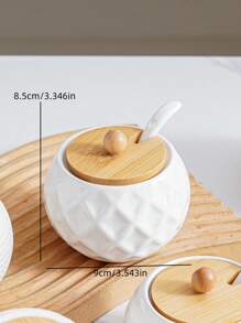 1 Set Ceramic Kitchen Storage Jars With Bamboo Wood Tray & Ceramic Spoon, Scandinavian Minimalist Japanese Style Creative Textured Dinnerware, Kitchen Storage Canisters, Diamond, Wavy, Bird Nest Pattern, Hotel Restaurant Home Kitchen Essentials, Round Bamboo Wood Lid Spice, Pepper, Salt, Sugar Seasoning Storage Jars