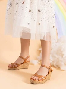 Girls Wedge Sandals Flatform Open Toe Summer Platform Sandals Flower Wedding Party For Little Kid/Big Kid - 棕色 - 查看 3