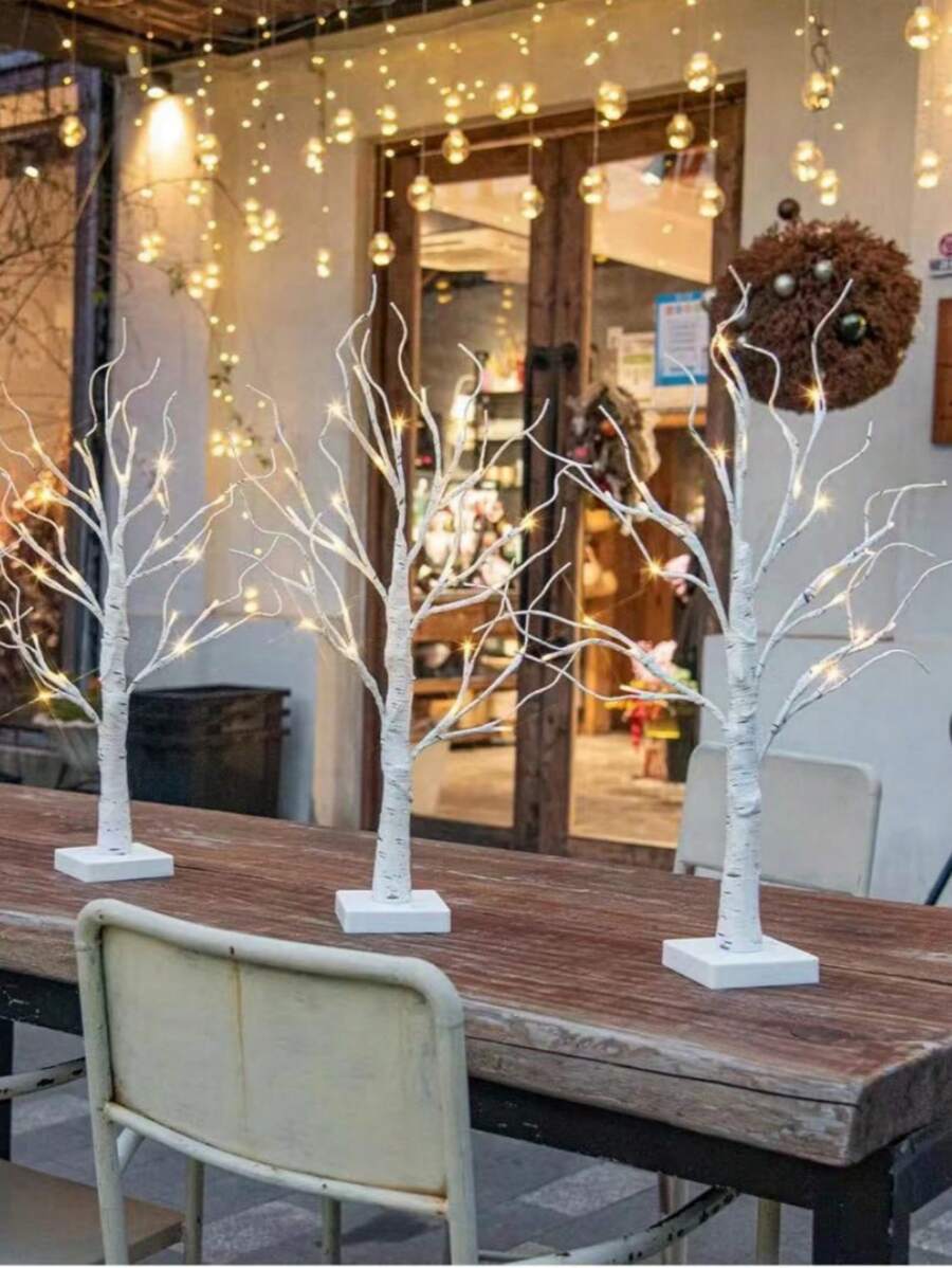 1pc 24-Head 60cm Tall Bright LED White Birch Tree Lamp With USB Cable + 3 AA Battery Box, Home Decor Snowflake Christmas Tree Light, Holiday Decoration 5-Pointed Star Christmas Decor, Room Wedding Decor Star Tree LED Lamp, Ramadan Decoration Tree Lamp, Room Decor White Birch Christmas Tree Light, Fairy Lights, Camping Light