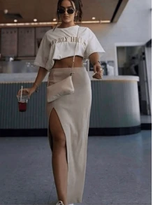 Long Skirt With Ribbed Slit - Beis - Ver 1