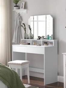 VASAGLE Vanity Set, Dressing Table Set with Tri-Fold Mirror, Large Table Top, 2 Drawers, White - Blanco - Ver 4