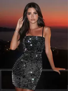 Shiny Rhinestone Decor Sexy Spaghetti Strap Dress, Fashionable Gala Party Evening Gown For Ladies - Black - View 1