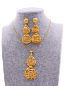 镀金婚礼首饰套装女士非洲/新娘派对礼物项链吊坠耳环珠宝首饰套装 - 金色 - 查看 1