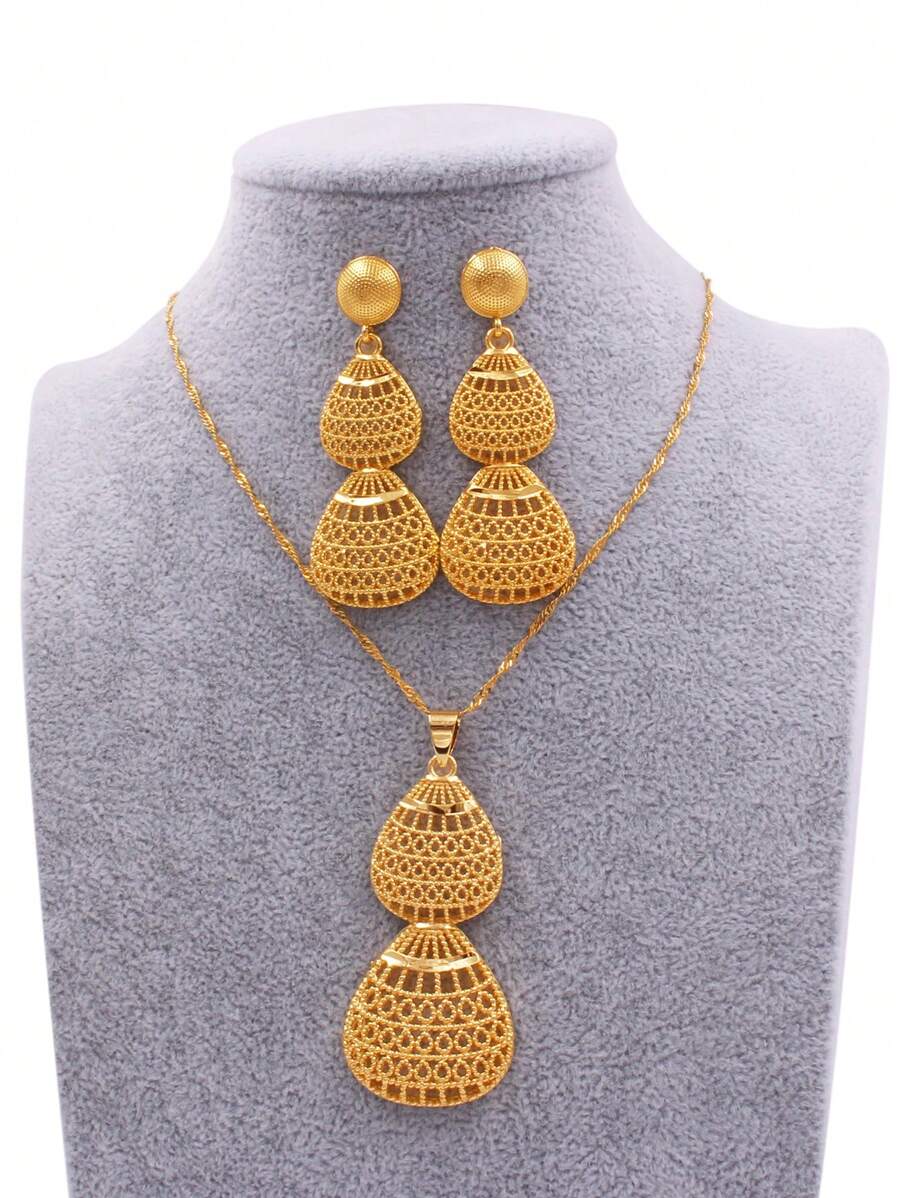 镀金婚礼首饰套装女士非洲/新娘派对礼物项链吊坠耳环珠宝首饰套装 - 金色 - 查看 1